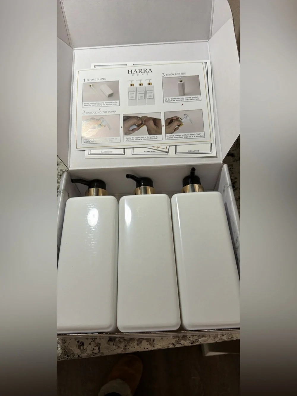 NIB Soap/Lotion Plastic Dispenser Set w/labels- White with Black & Gold Accents